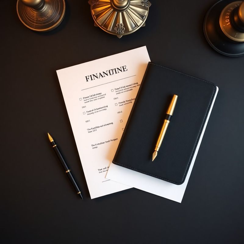 Flat lay finančných dokumentov s perom a notesom v charcoal-gold tónoch